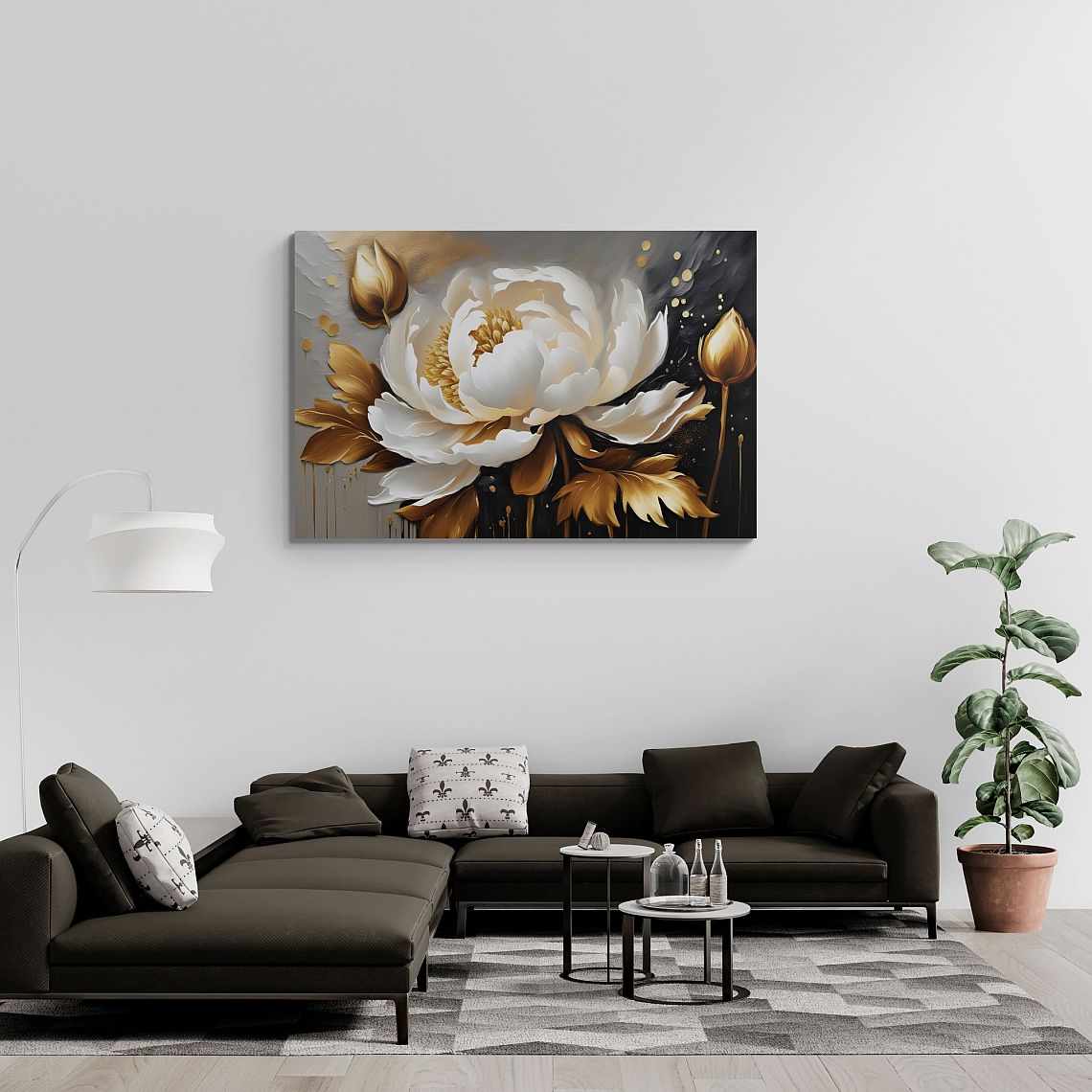 Peony Canvas Wall Art Prints - Gold And White