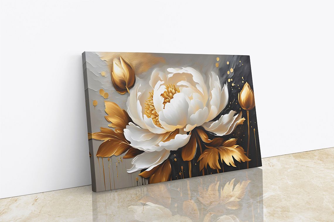 Peony Canvas Wall Art Prints - Gold And White