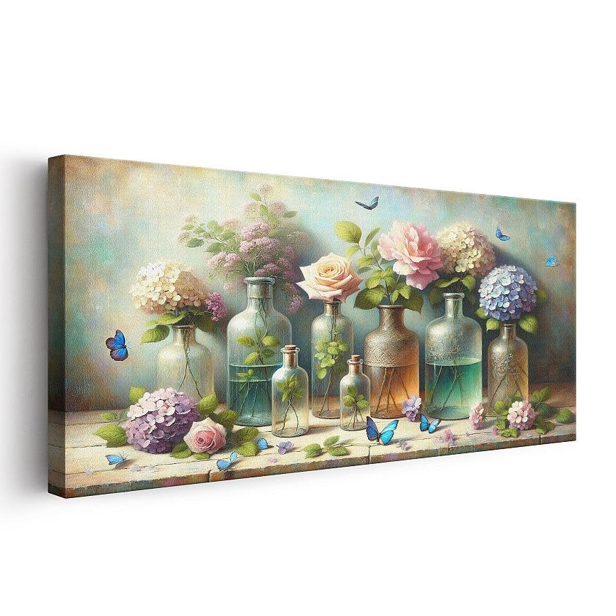 Colorful flowers and butterflies in glass bottles art canvas print home decor